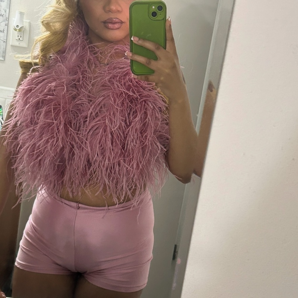 Pink/ Champagne Ostrich Feather Top and Shorts Set